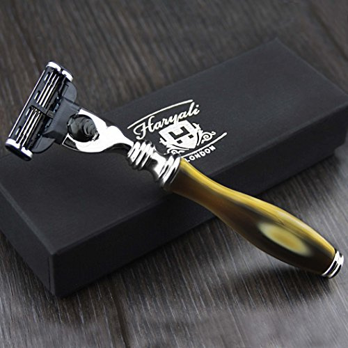 Haryali London 3 Edge Shaving Razor With Hand Assembled Imitation Horn Handle Beard and Mustache Safety Razor For Mens Perfect Shave