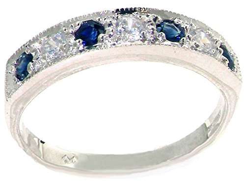 Solid 925 Sterling Silver Ladies Cubic Zirconia CZ & Sapphire Eternity Band Ring size T Made in England