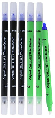 Online Vorteils-Pack 6x Tintenlöscher zum Löschen und Überschreiben | in verschiedenen Farben, je 3x schwarz, grün | Entfernung und Korrektur blauer Tinte | Schreibfarbe blau