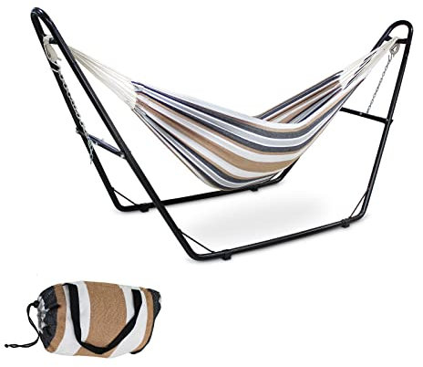 Todeco - Hamaca, Cama Colgante - Capacidad: Para 2 personas - Alto: Ajustable - Marrón, Brasileño, Algodón, con soporte tipo-H