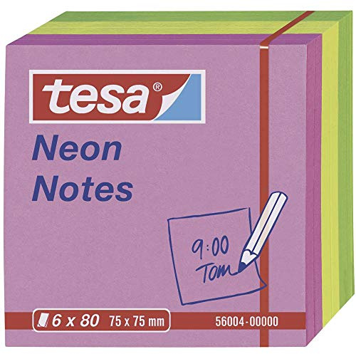 tesa Notes Haftnotizen neon, lösungsmittelfrei, stark haftend, rückstandsfrei ablösbar, 6 x 80 Blatt, grün/gelb/pink, 75 mm x 75 mm