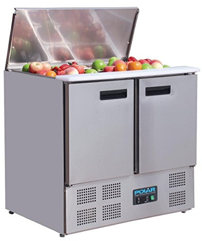 Polar Refrigeration G-Series 155W Saladette Food Counter Double Door Chiller Fridge 240 Litre, Stainless Steel, 2°C to 8°C, 885(H) x900(W) x700(D) mm, 2 Shelves, Capacity: 2x1/1GN and 3x 1/6GN | G606