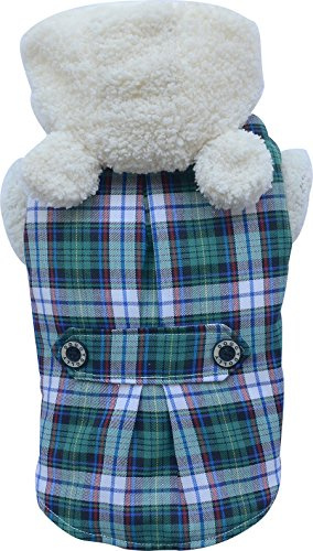 Doggy Dolly W153 hund demantel med fuskpäls huva, grön rutig Outdoor vintermantel/vinterjacka, XXS