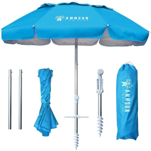 AMMSUN Parasol de plage pliable et portable de 1,8 m avec ancre de sable, inclinaison et grille d'aération UPF 50 + protection UV pour valise, parasol de plage portable compact et pliable pour