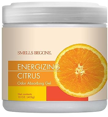 Smells BEGONE Air Freshener Odor Absorber Gel - Absorbs Odor from Bathrooms, Cars, Pet Areas, Boats & RVs - Made with Essential Oils - Energizing Citrus Scent - 15 Ounce