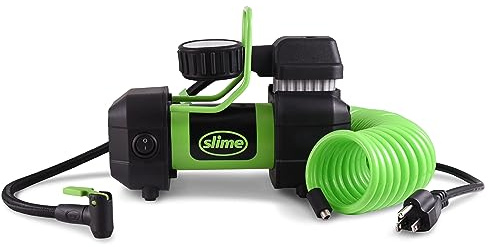 Slime 40045 Home Tire Inflator, Wall Mounted 120V, SUV, 4x4 Air Compressor, Heavy Duty, 2X Pro Power, with Analog 100 psi Dial Gauge, Long Hose and LED Light, 4 min Inflation