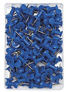 Wedo 54203 Pinnadeln Diabolo-Form, Länge 2,3 cm, Kopfdurchmesser 9 mm, Nadellänge 1,1 cm, 100 Stück in Klarsichtdose, blau