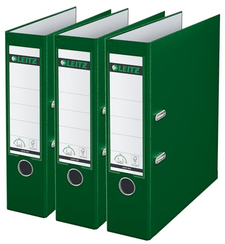 Leitz Qualitäts-Ordner 180° Plastik, 3er Pack, das Original, A4 Aktenordner 8 cm breit, 90% Recycling-Karton, 30% Pre-Consumer Recycling-Kunststoff, 180° Mechanik, 600 Blatt Kapazität, Grün, 310335055