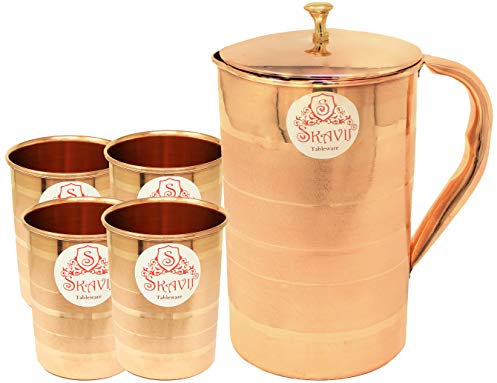 SKAVIJ Reiner Kupferkrug mit deckel und 4 becher set luxus stil wasserkrug (1,6 liter)