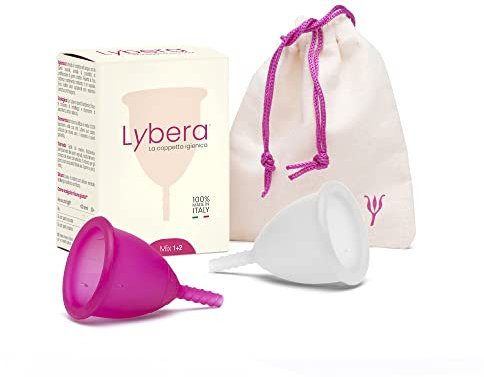Lybera Set mit 2 Menstruationstassen, hergestellt in Italien, weich, sicher, aus medizinischem Silikon, umweltfreundlich, bequem, Größe 1 und Größe 2, 2 Stück, transparent und fuchsia