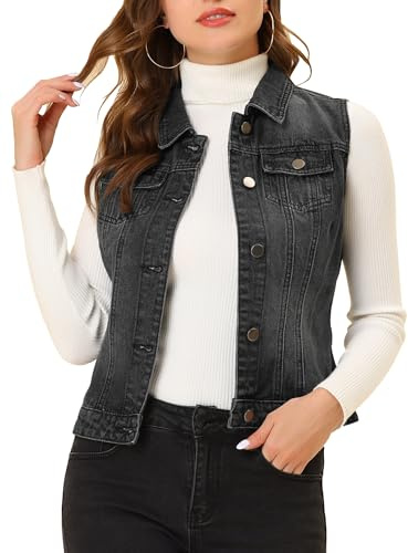 Allegra K Women's Buttoned Washed Denim Gilet W Chest Flap Pockets Vest Jacket