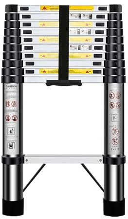 Nestling Telescopic Ladder 3.2m, Ladder Extendable Stainless Steel, Multi Purpose Ladder Portable, Adjustable Height, for Decorating, Painting, Garden, Wei: 10.5kg