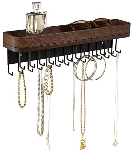 J JACKCUBE DESIGN Necklace Holder Wall Mounted Jewelry Organizer for Bracelet, Earrings and Rings with 25 Hooks - Room Decor Bedroom Boho Shelf Rack (Brown) - MK124A