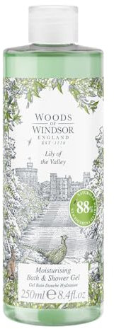 Woods of Windsor Gel da bagno e doccia al mughetto, gel doccia da donna con note di geranio e agrumi, bagnoschiuma idratante per donne con vitamina E, profumo di mughetto 250 ml