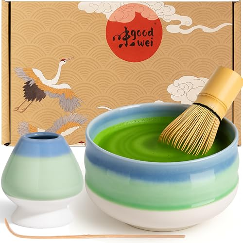 Matcha Teservis med en högkvalitativ, traditionell Matcha-skål Chawan, Visphållare och Bambuvisp (80, Sumi)