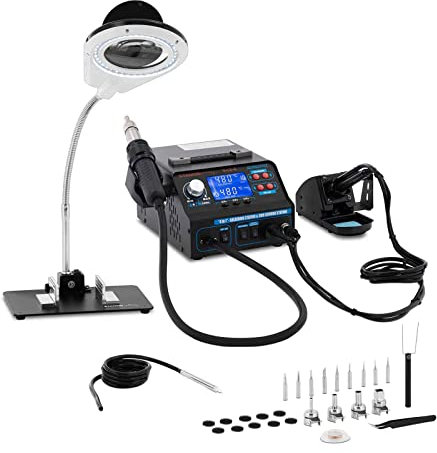 Stamos Soldering Lötstation 4-in-1 Lötkolben (75 W) Heißluftkolben (550 W) 100-480 °C Lötrauchabsaugung Basisstation mit LED-Display inkl. Lötspitzen Heißluftdüsen Pinzette uvm. Heißluft Lötstation