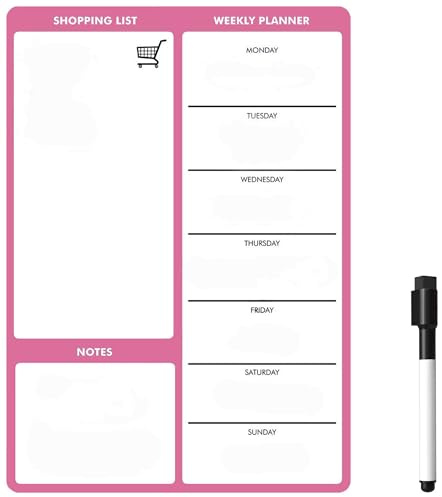TMS Magnetic Weekly Planner and Dry Wipe Pen, Meal Planner and Shopping List, Fridge Whiteboard for Meal Prep, Notes and Reminders, Daily Plan - Dry Erase Memo Board, Kitchen or Office (Pink, A3)
