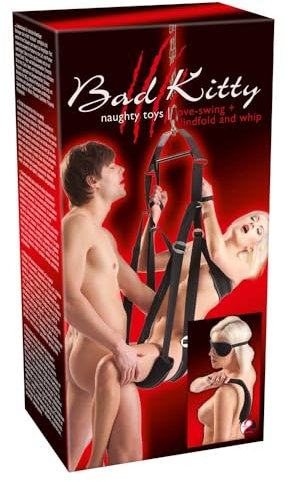 Bad Kitty Schaukel - erotische Liebesschaukel für Freestyle-Sex mit dem Partner, Sexschaukel inkl. Peitsche und Augenmaske, verführerische Bondage-Spiele, belastbar bis ca. 100 kg, schwarz
