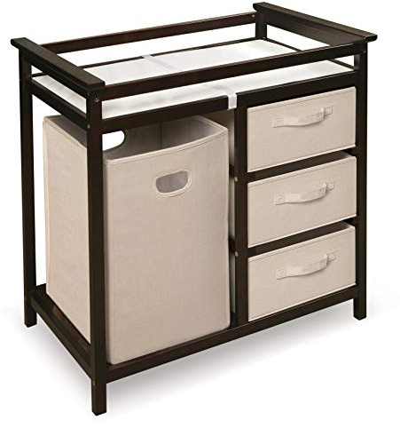 Badger Basket Modern Baby Changing Table for Nursery - Diaper Changing Station with Laundry Hamper, 3 Storage Drawers, Changing Pad, and Safety Belt - Espresso and Ecru