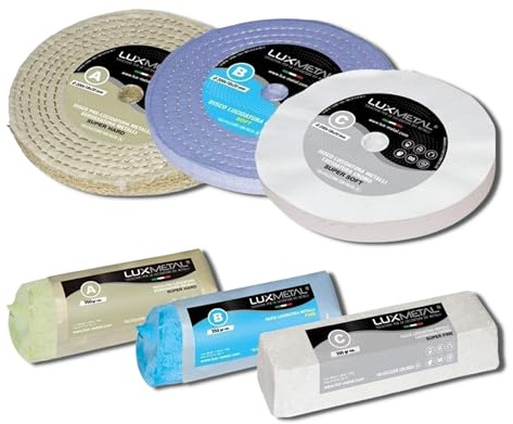 Lux Metal - Kit 3 Disques de Polissage de 200 mm et 3 Pâtes Abrasives de 350 gr - Parfaits pour polir des métaux tels que l'aluminium, le fer, l'acier inoxydable, le laiton, le cuivre, l'or, le marbre
