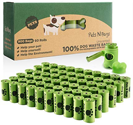 Pets N Bags Dog Waste Poop Bags, Dog Bags for Poop, Refill Rolls (60 Rolls / 900 Count, Unscented), Includes Dispenser