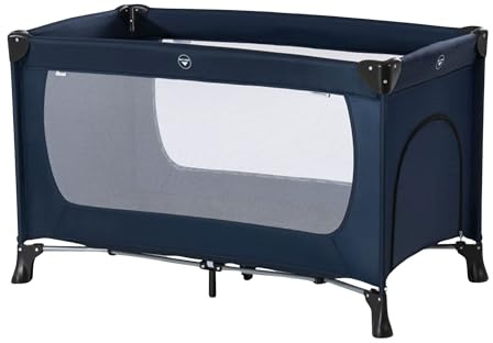 Hauck Dream N Play Plus Travel Bed Portable Playpen Mattress with Viewing Windows and Side Exit, Foldable Crib for Babies and Toddlers, Navy Blue