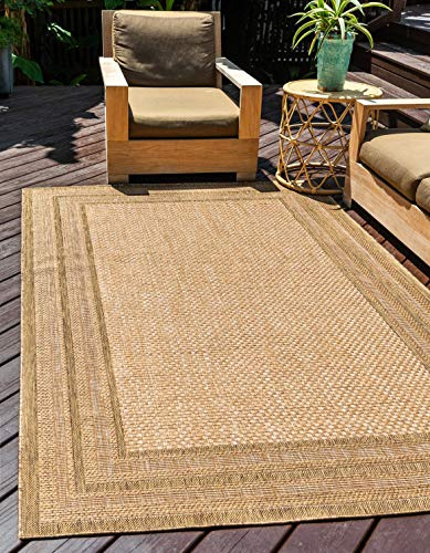 Unique Loom Outdoor Border Collection Area Rug - Multi Border (7' 1 x 10' Rectangle Tan/Light Brown)