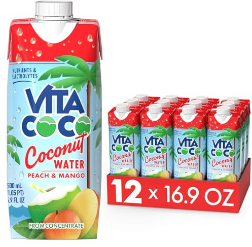 Vita Coco Coconut Water, Peach & Mango - Naturally Hydrating Electrolyte Drink - Smart Alternative to Coffee, Soda, and Sports Drinks - Gluten Free - 16.9 Fl Oz (Pack of 12)