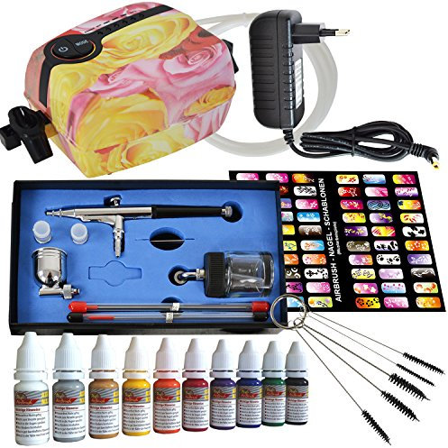 KIT AIRBRUSH COMPRESOR Carry II Rose con colores de uñas y plantillas, set con COMPRESOR AEROGRAFO, PISTOLA AEROGRAFO UNIVERSAL Double-Action 134s, manguera de aire comprimido y cepillos de limpieza (Set Carry 2 mini Rosa)