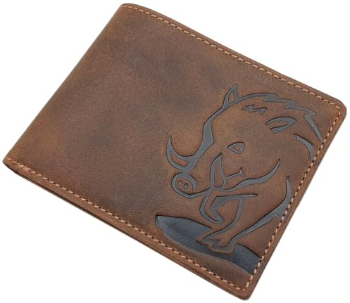 Echt Büffel-Vollleder Geldbörse/Geldbeutel/Portemonnaie in Hoch- oder Querformat mit Wildschwein-Motiv oder ohne Motiv mit RFID & NFC Schutz (Modell 2 / Querformat/Braun)