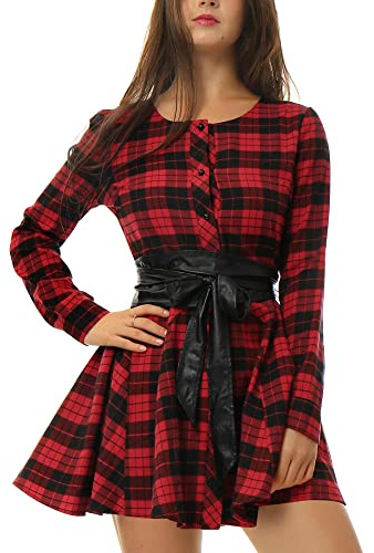Allegra K Donna Abito Camicia a Quadri Manica Lunga Cintura Trapezio Vestito Natale Nero e Rosso L