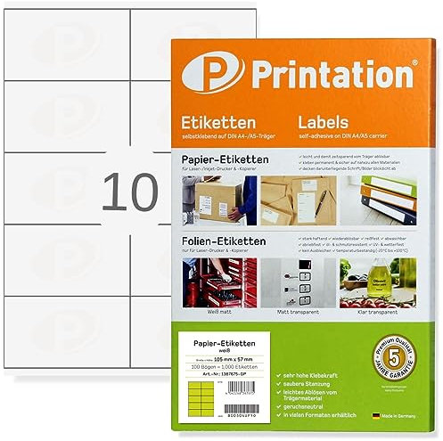 Printation Universal Etiketten 105 x 57 mm - 1000 Etiketten selbstklebend weiß bedruckbar auf 100 A4 Bogen à 2x5 105x57 Labels Adressetiketten - 10 pro A4 Bogen - 3425 4425 Klebeetiketten Aufkleber