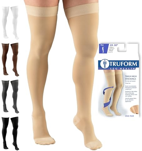 Truform 20-30 mmHg Compression Stockings for Men and Women, Thigh High Length, Dot Top, Closed Toe, Beige, Large