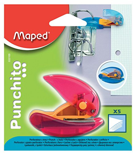 Maped - Perforadora de Papel - Punchito Compacta con 1 Agujero - Agujereador de Papel - Guía que se Posiciona entre las Anillas - Botón para Mantener el Cierre - 3 Diseños Diferentes