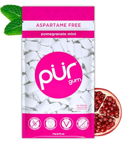 PUR Gum | Sugar Free Chewing Gum | Made with Xylitol | Vegan, Aspartame Free, Gluten Free & Keto Friendly | Natural Pomegranate Mint Flavoured Gum, 55 Pieces (Pack of 1)