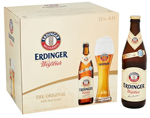 Erdinger Weissbier - Cerveza de trigo, Pack de 12 botellas de 50cl, Aromas especiados de malta con un suave amargor lupulado, 5,3% de alcohol