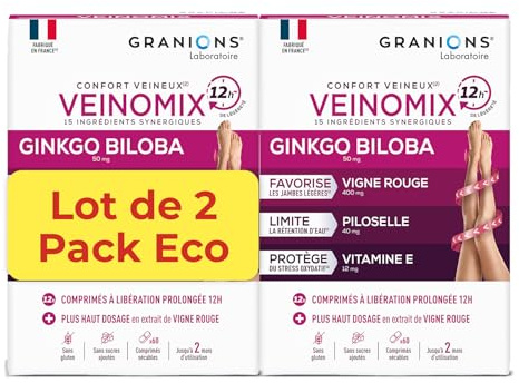 GRANIONS| Veinomix Lot de 2 | Favorise la sensation de jambes légères et limite la rétention d'eau | Vigne Rouge + Piloselle + Vitamines & Oligoéléments | Marque Française | 120 comprimés