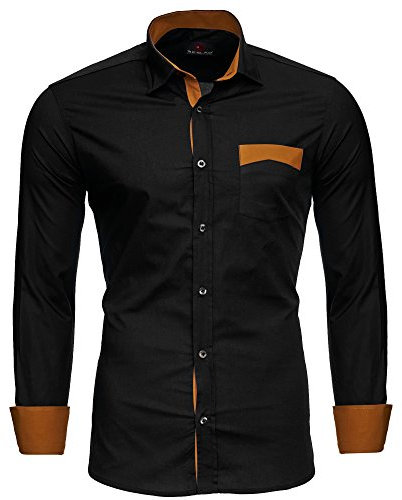 Reslad Herren Hemd bügelleicht Elegantes Männer Sommer Oberhemd Langarmhemd Businesshemd modern Slim Fit RS-7205 Schwarz L