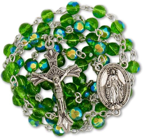 Collar con cuentas de cristal de rosario azul claro católico de Santa María y Crucifijo