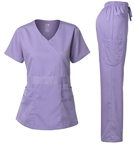 Dagacci Medical Uniform Women's Scrubs Set Stretch Ultra Soft Y-Neck Wrap Top and Pants Lavender M