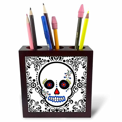 3dRose ph_28865_1 Day of The Dead Skull Día de los Muertos Sugar Skull Red/Black Scroll Design Tile Pen Holder, 5-Inch