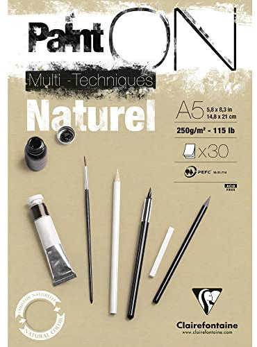 Clairefontaine 96539C - Malblock / Zeichenblock PaintON leicht rauen Oberfläche DIN A5 14,8x21 cm, kopfseitig geleimt, 30 Blatt, 250g 100% Zellulose Korrekturen möglich ideal für Mixmedia Sand 1 Stück