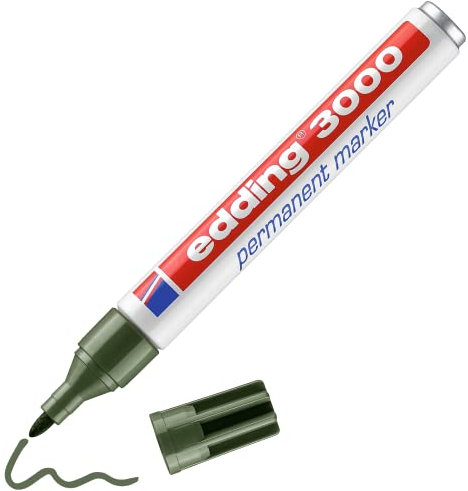 edding 3000 Permanentmarker - oliv-grün - 1 Stift - Rund-Spitze 1,5-3 mm - schnell trocknender Permanent Marker - wasserfest, wischfest - für Karton, Kunststoff, Holz, Metall - Universalmarker