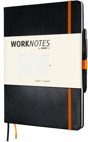 WORKFLO WORKNOTES Notizbuch A4 kariert - Das Notebook für Kreative und Macher, 192 perforierte Seiten, Tintenfestes Papier, 100 g/m², Hardcover in schwarz, inkl. Stiftlasche und Dokumententasche