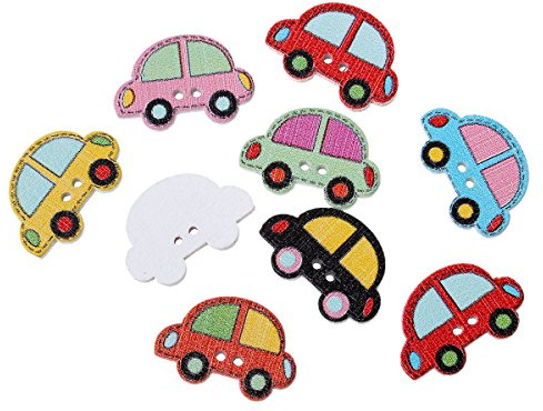The Bead and Button Box - 10 Multi coloured Wooden Car shaped Buttons. 25 x 17mm. Ideal for childrens wear, sewing, scrapbook, cards, embellishment and other crafts