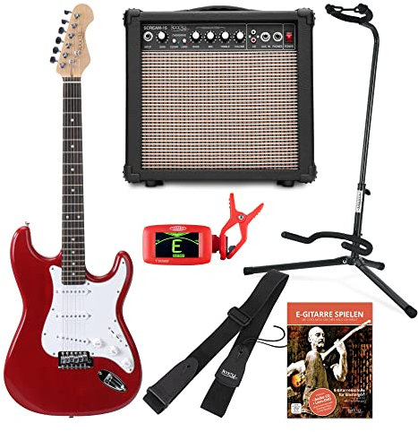 Rocktile Sphere Classic Red E-Gitarre Set (E-Gitarre in ST-Design mit 3 Tonabnehmer und Tremolo, inklusive Verstärker, Ständer, Stimmgerät, Gurt und Gitarrenkabel) Rot