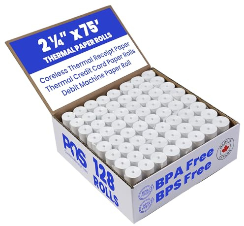 POS1 2 1/4 x 75 feet x 128 rolls CORELESS BPA Free Thermal Paper Rolls for Handheld Thermal Receipt Paper Printers. 38mm diameter