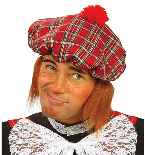 W WIDMANN MILANO Party Fashion 8424S - Tartankappe mit Haaren, Rot, Schottland, Hut, Kopfschmuck, Accessoire, Mottoparty, Karneval