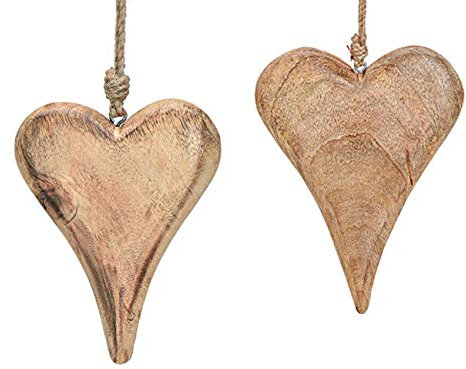 TEMPELWELT® Deko Anhänger Herz im 2er Set je 14 cm, Mango Holz Massiv, Dekoherz Herzanhänger für Fensterdeko Wanddeko Türdekoration, Hochzeitsdeko