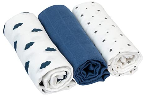 Bornino Basics Mullwindeln 80x80 cm Wolken und Sterne (3er-Pack) - Mulltücher aus reiner Baumwolle - Moltontücher ideal als Decke & Sonnenschutz